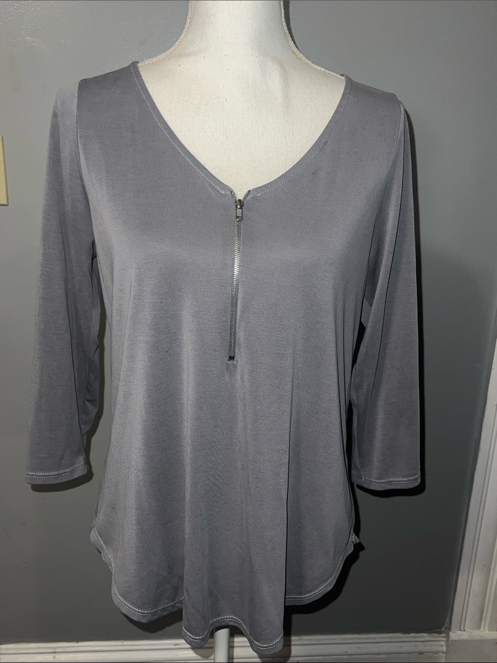 Green Envelope Gray Zip-Front Long Sleeve Top
